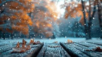 AI generated Wooden Table Covered in Snowy Leaves photo