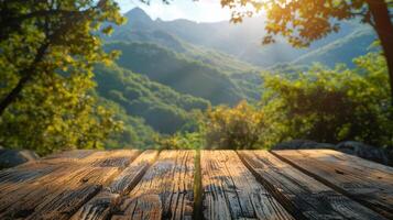 ai generado de madera mesa con vista a montañas foto