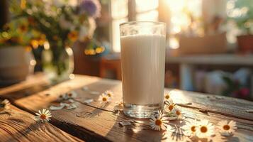 AI generated Glass of Milk on Wooden Table photo