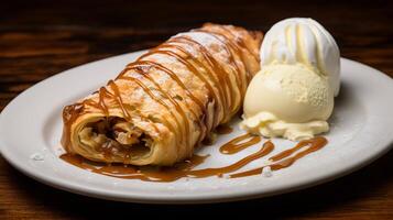 ai generado un delicioso manzana strudel con un miel llovizna. generativo ai foto