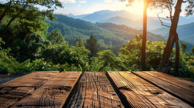 AI generated Wooden Table With Mountains Background photo