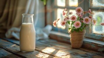 AI generated Glass of Milk on Wooden Table photo