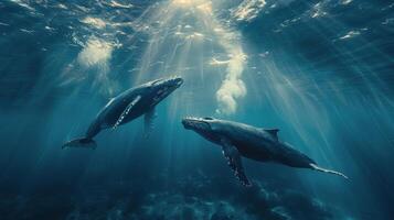 ai generado jorobado ballena nadando en el Oceano foto