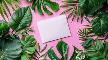 AI generated Envelope Surrounded by Tropical Leaves on Pink Background photo