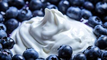 AI generated A fresh blueberry plunging into a sea of yogurt. Generative AI photo