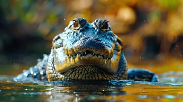 ai generado cerca arriba de caimán en agua foto