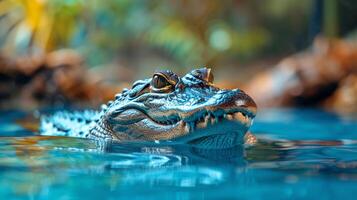 ai generado cerca arriba de caimán en agua foto