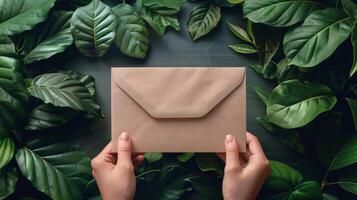 AI generated Envelope Surrounded by Tropical Leaves on Pink Background photo