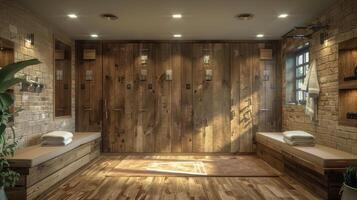 AI generated Spacious Bathroom With Wooden Walls and Floors photo