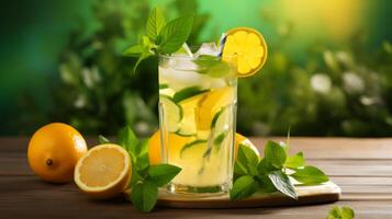 AI generated A glass of refreshing lemonade with slices of citrus fruits. Generative AI photo
