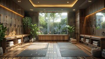 AI generated Spacious Bathroom With Wooden Walls and Floors photo