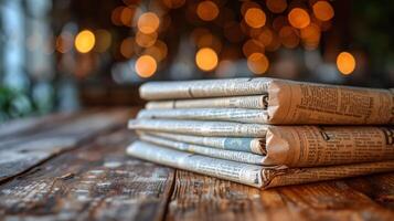 AI generated Stack of Newspapers on Wooden Table photo