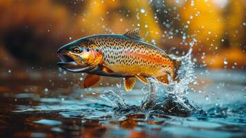 ai generado arco iris pescado saltando fuera de agua foto