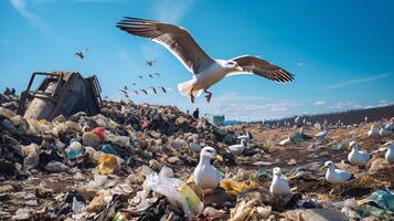 AI generated Landfill site with seagulls scavenging for food. Generative AI photo