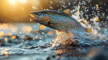 ai generado arco iris pescado saltando fuera de agua foto