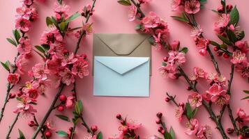 AI generated Pink Wall With Flowers and White Envelope photo