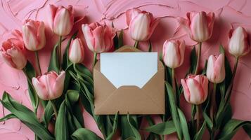 AI generated Envelope and Blank Card on Pink Background With Flowers photo