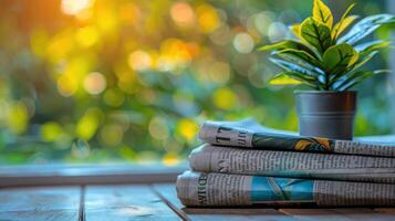 AI generated Stack of Papers on Wooden Table photo