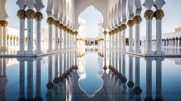 AI generated A mosque's serene reflection pool with arched colonnades. Generative AI photo