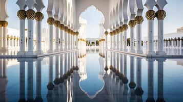 ai generado un mezquita sereno reflexión piscina con arqueado columnatas. generativo ai foto