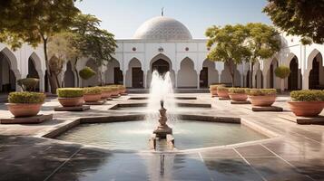 AI generated A mosque's serene courtyard with a central fountain. Generative AI photo