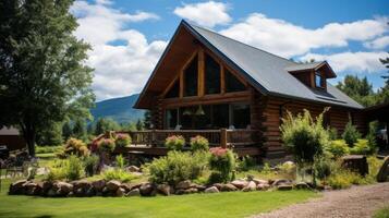AI generated A mountain retreat pension with cozy log cabins and scenic hikes. Generative AI photo