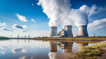 ai generado nuclear poder planta con enfriamiento torres emitiendo vapor. generativo ai foto