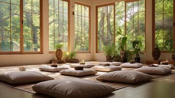 AI generated A peaceful zen meditation hall with cushions for practitioners. Generative AI photo