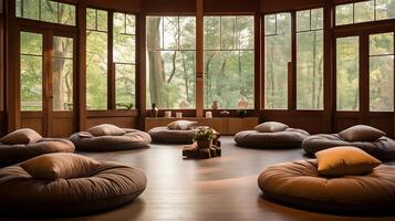 AI generated A peaceful zen meditation hall with cushions for practitioners. Generative AI photo