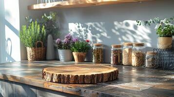 AI generated Wooden Table in Front of Shelf With Vases photo