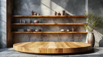 AI generated Wooden Table in Front of Shelf With Vases photo