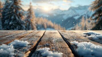 AI generated Snow-covered Wooden Table With Pine Trees photo