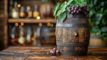 ai generado de madera barril lleno con uvas en mesa foto