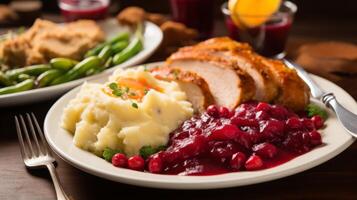 AI generated A plate filled with traditional thanksgiving dishes and cranberry sauce. Generative AI photo