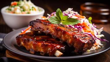 ai generado un plato de delicioso y suculento barbacoa costillas con Ensalada de col. generativo ai foto