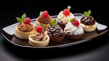 AI generated A plate of delectable mini desserts for a sweet indulgence. Generative AI photo