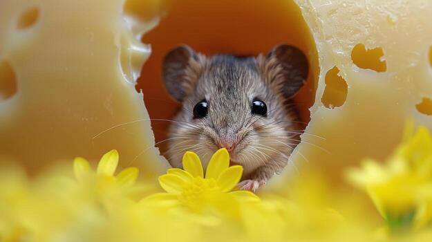 AI generated Mouse Peeking From Flower Hole photo