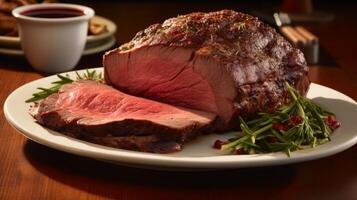 AI generated A plate of mouthwatering and tender roasted prime rib with au jus. Generative AI photo