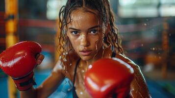 ai generado mujer vistiendo rojo boxeo guante poses foto