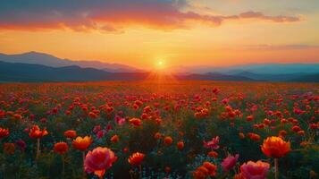 AI generated Field of Flowers With Setting Sun photo