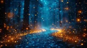 AI generated Blue and Yellow Light Shines in Dark Forest photo