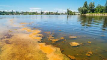 AI generated A polluted lake with a thick layer of brown algae on the surface. Generative AI photo