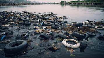 AI generated Polluted river with discarded tires. Generative AI photo