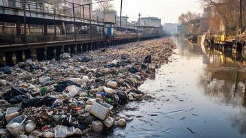 AI generated Polluted river with abandoned shopping carts. Generative AI photo