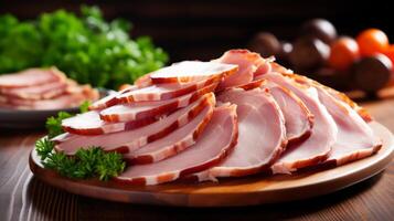 AI generated A platter of sliced ham with cloves. Generative AI photo