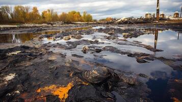 AI generated Polluted river with oil slicks on the water's surface. Generative AI photo