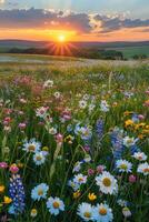 AI generated Wildflowers Field at Sunset photo