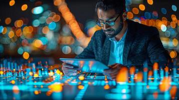 AI generated Man Using Tablet in City at Night photo