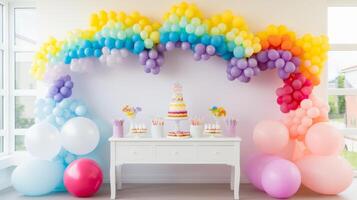 AI generated A rainbow themed birthday party with balloons. Generative AI photo