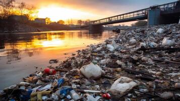 ai generado un contaminado orilla del río con descartado industrial desperdiciar. generativo ai foto